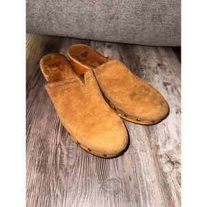 UGG Suede Shearling Lined Clogs Wood Heel Tan Brown Women Size 7